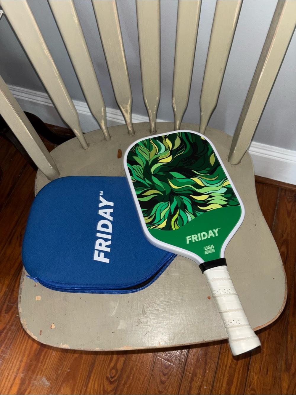 fRIDAY Green Swirl Pickleball Paddle with Blue Carry Case